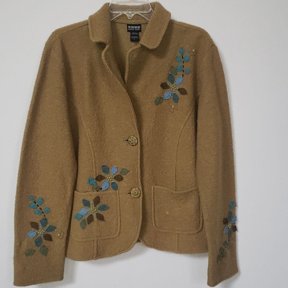 Vintage NTCO Nomadic Traders Jacket Womens sz Large Boiled Wool Applique Floral